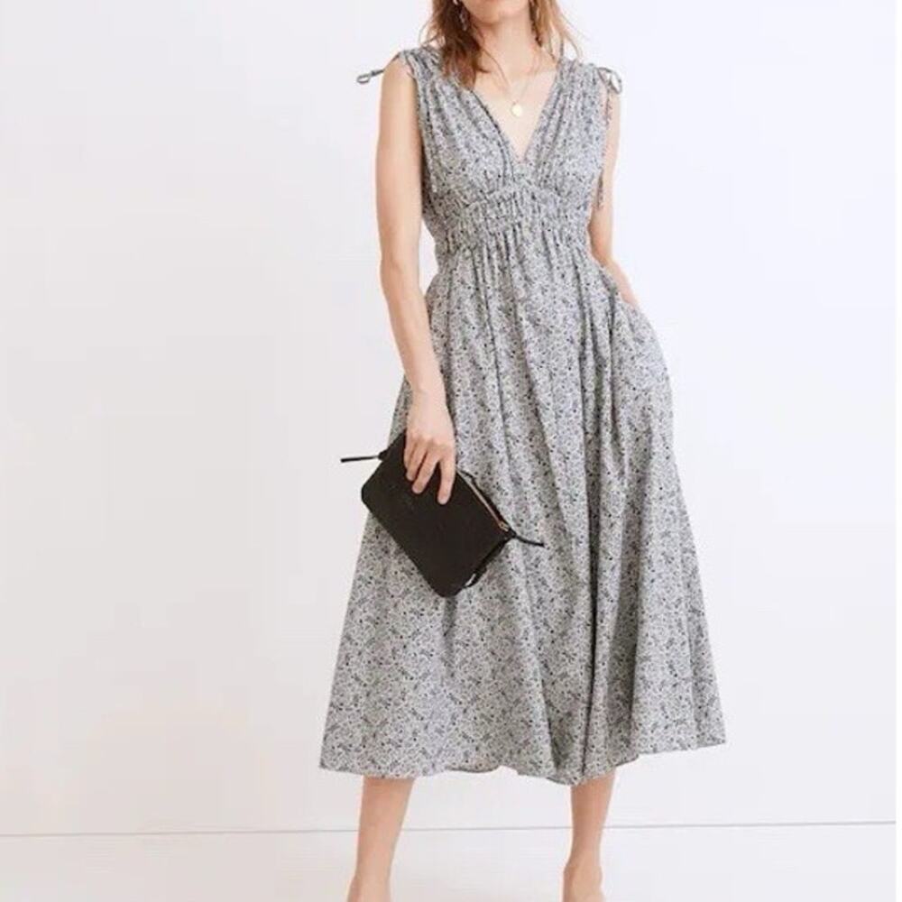 Madewell Sophia Blue Floral Smocked Waist Tie Shoulder Midi Dress Pockets Small